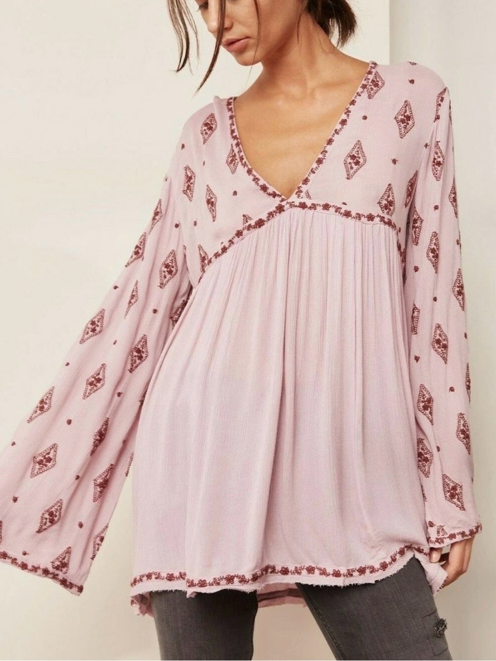 Free People Boho Embroidered V-Neck Tunic size L